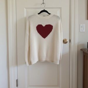Chunky Knit Heart Sweater Oversized Cream Red Heart One Size Cozy Pullover